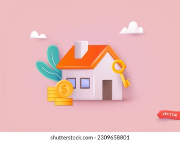 Buying house concept. Buy real estate and pay credit to bank. Abstract ownership agreement visualization. 3D Vector Illustrations.