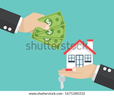 buying house concept. holding in hand house and key. isolated on blue background. vector illustration flat design. customer gives money sell home. Loan for property. Trading Agreement.