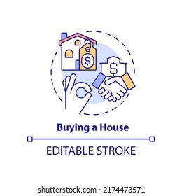 Buying house concept icon. Life skill abstract idea thin line illustration. Homebuying process. First-time house purchase. Isolated outline drawing. Editable stroke. Arial, Myriad Pro-Bold fonts used