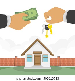 Buying a house concept. Real estate and Home for Sale vector illustration in flat design. The hand of a realtor holds out a key to the house, and the buyer or lessee gives money.