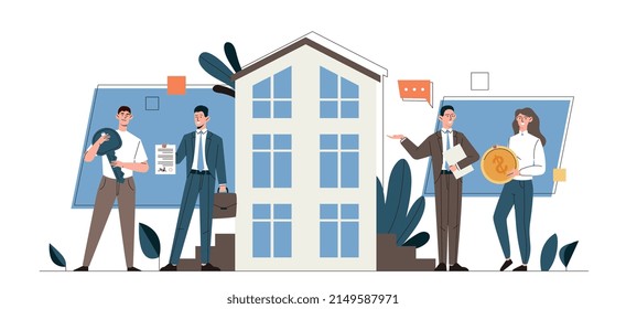 Buying house concept. Young man and woman communicate with real estate agents and purchase apartment with mortgage. Personal property of characters. Cartoon contemporary flat vector illustration