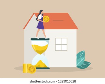 Compra de vivienda en deuda aislada ilustración vectorial plana. Resumen de jóvenes mujeres que invierten dinero en propiedades. Concepto de préstamo hipotecario, propiedad y ahorro