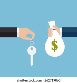 Buying The House. The Hand Holding A Bag With Money And The Other Hand Holding A Key. Vector Illustration. Flat Design