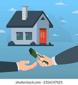 Buying house, hand holding the money to give to house owners vector