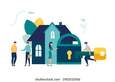 Buying a house, house keys, protection and security, real estate and turnkey rental, vector illustration 