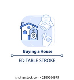 Buying House Light Blue Concept Icon. Life Skill Abstract Idea Thin Line Illustration. First Time Homebuying Process. Isolated Outline Drawing. Editable Stroke. Arial, Myriad Pro-Bold Fonts Used