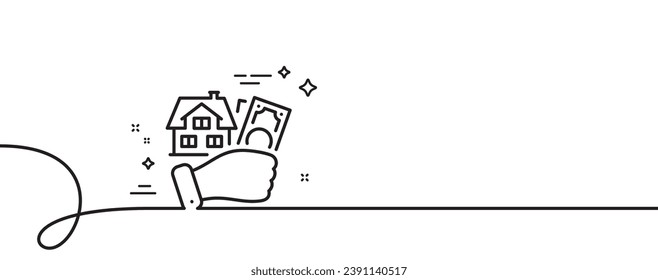 Icono de la línea de compra de la casa. Una línea continua con curl. Comprar el cartel inmobiliario. Alquilar el símbolo de la casa. Cinta de esquema único de la casa de compra. Patrón de curva de bucle. Vector
