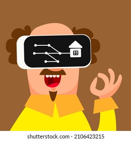 Buying a house in the metaverse. Cartoon character man in augmented reality vr mask. The transaction of buying and selling cryptocurrencies and real estate in the online space. Vector art