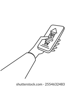 buying house from mobile phone doodle hand drawing cartoon
