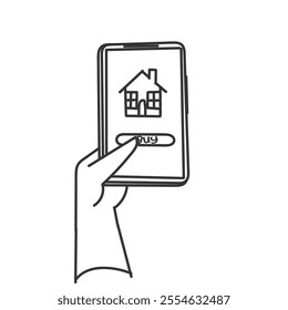 buying house from mobile phone doodle hand drawing cartoon