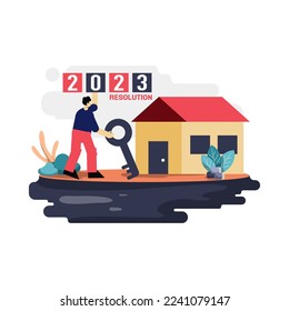 buying a house in the new year 2023 flat illustration, concept of a man carrying keys he just bought his dream house. suitable for web and mobile app design