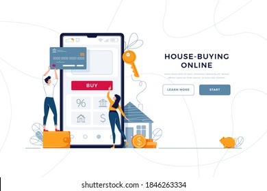 Buying a house online landing web page. Family buying a new home, touching the button on phone screen. Concept of mortgage loan, real property purchase. Modern flat design, cartoon vector illustration