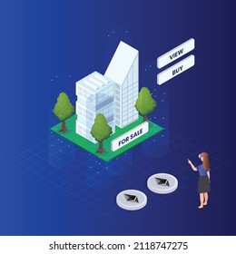 Buying house property in metaverse with ethereum coin isometric 3d vector illustration concept banner, website, landing page, ads, flyer template