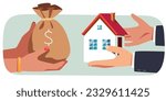 Buying house property for money concept. Owner man hands holding giving small house, buyer woman paying dollar cash bag. Real estate investment business, finance payment flat vector illustration 