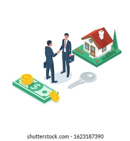 Buying House. Real Estate Deal, Shake Hands. Exchange Of Money At Home. Purchase Home. Vector Illustration 3d Isometric Design. 