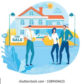 Buying House, Real Estate Property on Sale Flat Vector Concept with Real Estate Agency Agent, Seller or Broker Resenting Cottage House or Villa on Sale to Clients, Potential Buyers Couple Illustration