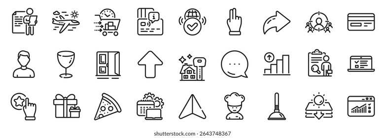 Buying house, Sun protection and Verified internet line icons pack. Share, Message, Paper plane icons. Web lectures, Credit card, Pizza web icon. Business targeting, Card, Headshot pictogram. Vector