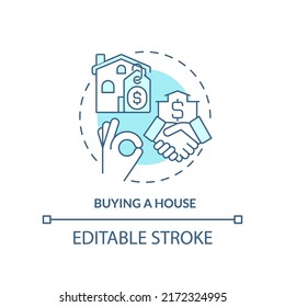 Buying house turquoise concept icon. Life skill abstract idea thin line illustration. First time homebuying process. Isolated outline drawing. Editable stroke. Arial, Myriad Pro-Bold fonts used