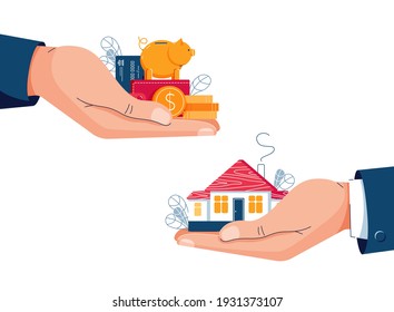 Comprando una ilustración vectorial de casa. El comprador aporta dinero para la compra de viviendas. El vendedor da casa a un cliente. Venta comercial, hipoteca, concepto inmobiliario. Diseño de dibujos animados planos