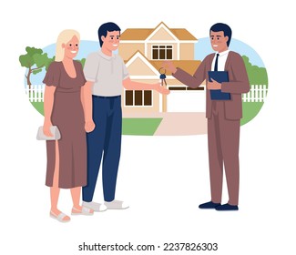 Compra de casa con gráfico aislado de vector 2D de patio. Los dueños de las propiedades son felices. Compra de personajes fijos en casa sobre el fondo de la caricatura. Colorida escena editable para móvil, sitio web, presentación