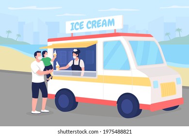 Buying ice cream on beach during pandemic flat color vector illustration. Summer holiday. Sell dessert. Family in face masks 2D cartoon characters with summertime seascape on background