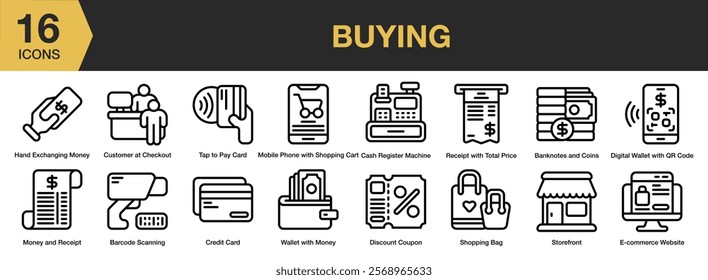 Buying icon set. Includes buy, sale, purchase, customer, retail, shop, and More. Outline icons vector collection.