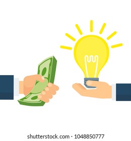Buying ideas for money. Flat vector cartoon illustration. Objects isolated on white background.