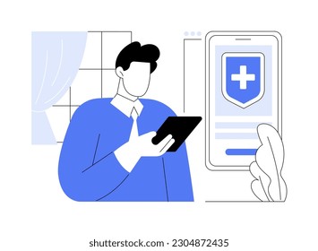 Buying insurance online abstract concept vector illustration. Man buying travel insurance using smartphone, business industry, modern technology, get a policy online abstract metaphor.