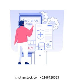 Buying insurance online isolated concept vector illustration. Man buying travel insurance using smartphone, business industry, modern technology, get a policy online vector concept.