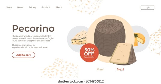 Buying Italian dairy products with sale online. Discount on tasty pecorino cheese, reduction of price and promotion. Organic and natural meal. Website or webpage template, landing page flat vector