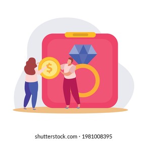 Buying jewelry at pawnshop flat icon with ring and two characters vector illustration