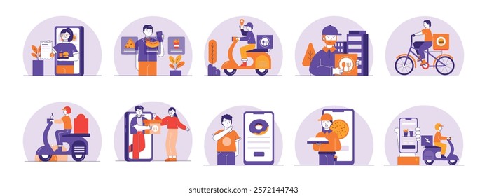 Buying junkfood through mobile phone apps, online shopping. Character design. Vector flat illustration