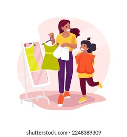 Buying kids clothes isolated cartoon vector illustration. Choosing clothes together, shopping mall, mom holding many girl dresses, happy daughter trying on, buying kids apparel vector cartoon.