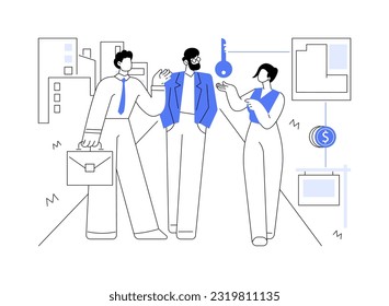 Compra de tierra abstracta concepto de ilustración vectorial. Grupo de socios comerciales compra terrenos, negocios inmobiliarios, hablando con inmobiliaria, empresa de corretaje, metáfora abstracta de inversión monetaria.