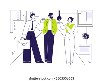 Buying land abstract concept vector illustration. Group of business partners buys building land, real estate business, talking with realtor, brokerage company, money investment abstract metaphor.