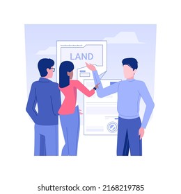 Buying land isolated concept vector illustration. Group of business partners buys building land, real estate business, talking with realtor, brokerage company, money investment vector concept.