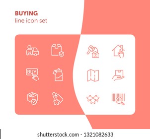 Buying line icon set. Key, house, parcel. Commerce concept. Can be used for topics like mortgage, shopping, internet store