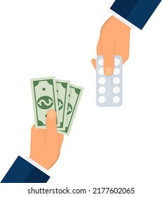 Buying medical pills in blister pack for money bills concept. Hand giving money for medicine. Flat design Eps 10