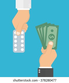 Buying medical pills in blister pack for money bills concept. Hand giving money for medicine. Flat design