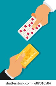 Buying medical pills in blister pack. Hand giving card for medicine. Flat design
