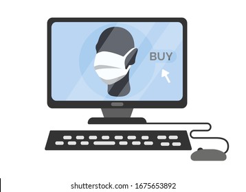 Buying medical protective mask online on the Internet. Ordering surgical mask during epidemic, quarantine, virus. Using computer for shopping on online drugstore. Vector illustration isolated on white