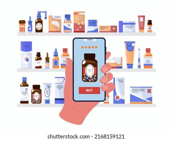 Buying medications through mobile app.Hand holds cell phone with an online pharmacy store,shelves of medicine in background.Vector flat illustration isolated on white background.