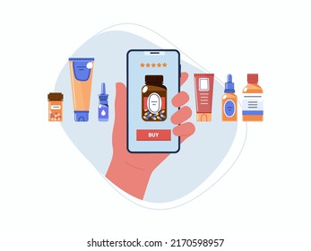 Buying medications through mobile app.Hand holds cell phone with an online pharmacy store.Vector flat illustration isolated on white background.