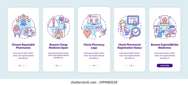 Buying medicine online tips onboarding mobile app page screen with concepts. Choose reputable pharmacies walkthrough 5 steps graphic instructions. UI vector template with RGB color illustrations