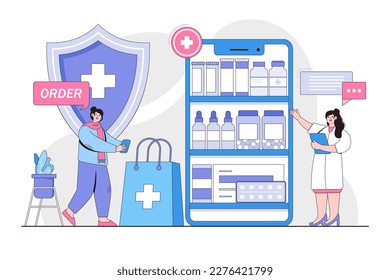 Buying medicines online concept. Mobile service or app for purchasing medicine in online pharmacy drugstore. Outline design style minimal vector illustration for landing page, web banner, hero images.