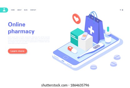 Buying medicines online. Online pharmacy concept banner. Mobile phone with pills, tablets and other goods from the pharmacy. Vector isometric illustration.