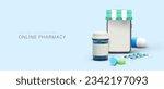 Buying medicines via Internet. 3D smartphone with striped canopy and empty screen. Medicine in blister, mini bottle, scattered pills and capsules. Concept on blue background