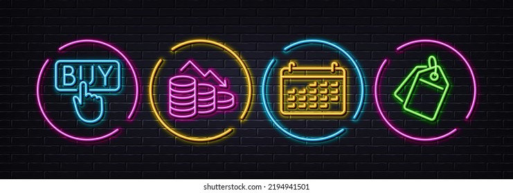 Buying, Money loss and Calendar minimal line icons. Neon laser 3d lights. Sale tags icons. For web, application, printing. E-commerce shopping, Economy bankruptcy, Business audit. Vector