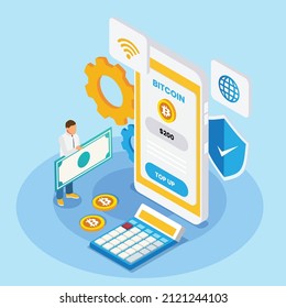 Comprar más bitcoin usando el concepto de vector isométrico 3D del teléfono celular para banner, sitio web, ilustración, página de inicio, volante, etc