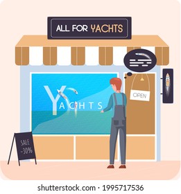 Buying motorboat, boat selling, all for yachts shop. Transport advertising company e-commerce concept. Getting spare parts for personal sea ships. Seller and buyer in yacht salon, water transport